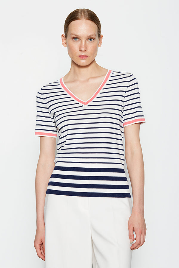 PINK DETAIL STRIPED SHORT SLEEVES V-NECK SWEATER