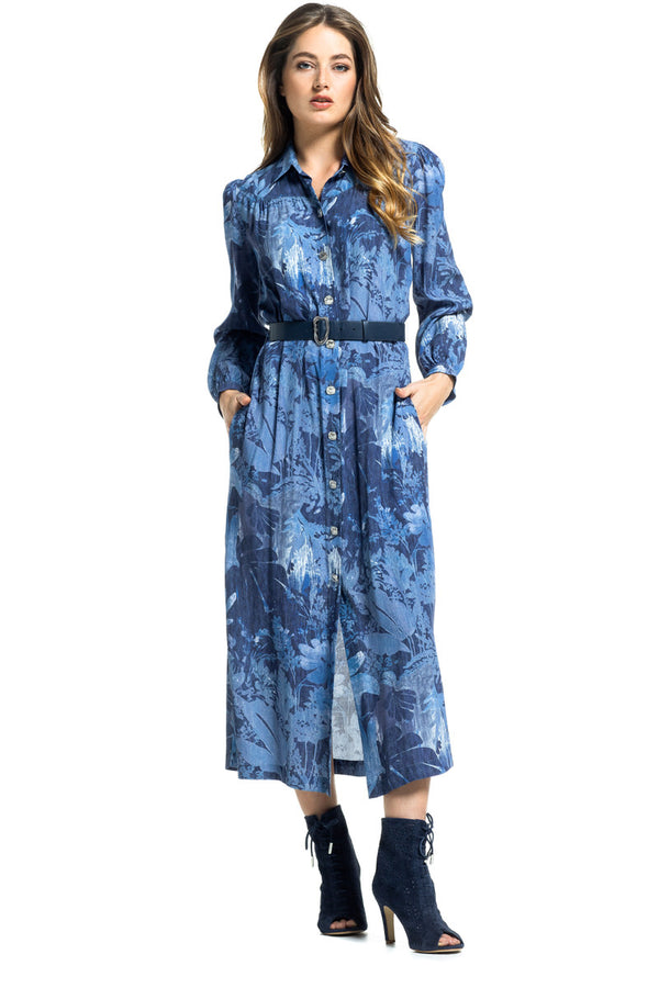 FLOWING FLORAL PRINT VISCOSE SHIRT-DRESS