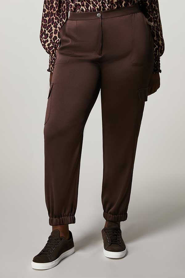 REBUS BROWN SATIN FEEL STRAIGHT CARGO TROUSERS