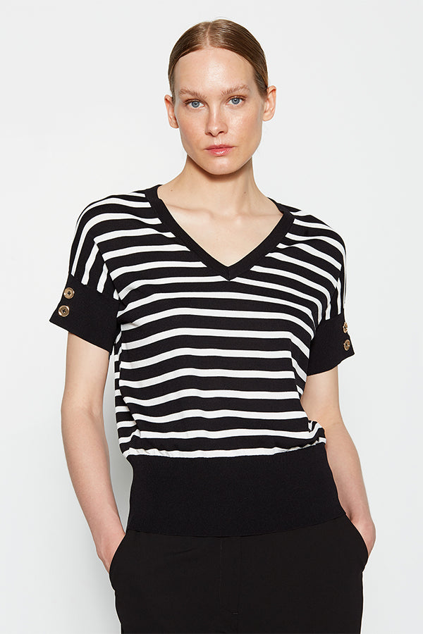 BLACK STRIPED DROPPED SLEEVE V-NECK SWEATER