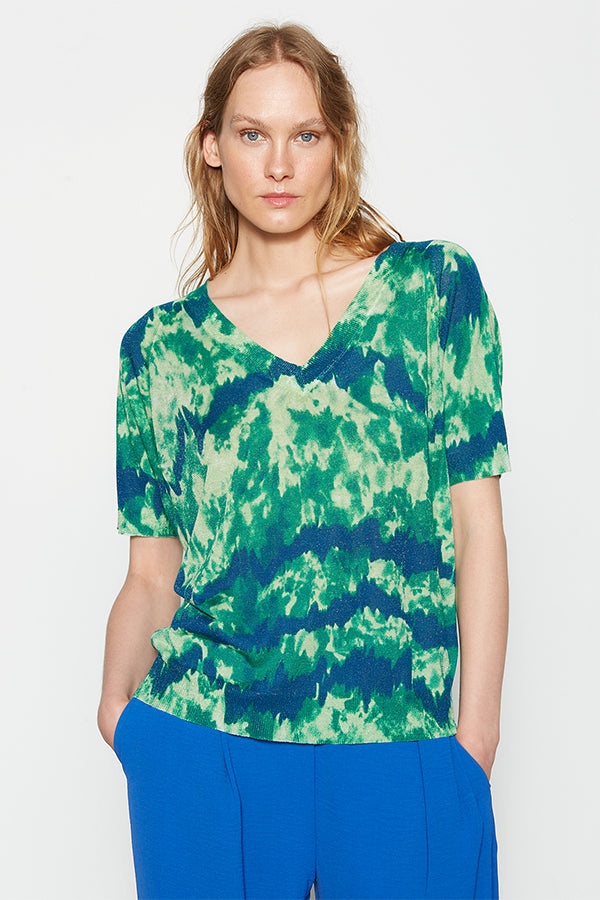 GREEN TIE-DYE PRINT SHORT SLEEVE SWEATER