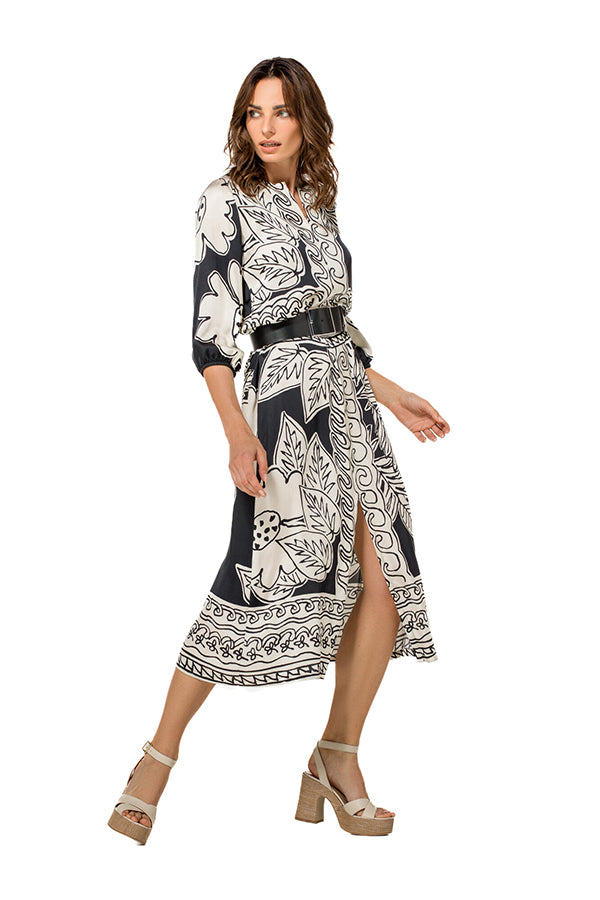 BLACK LEAF PRINT SHINY MIDI DRESS