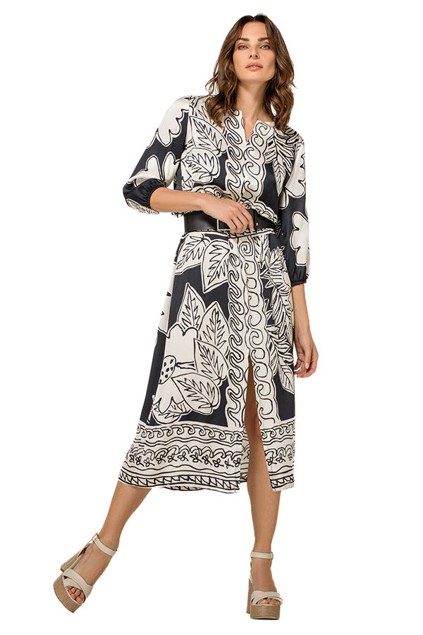 BLACK LEAF PRINT SHINY MIDI DRESS