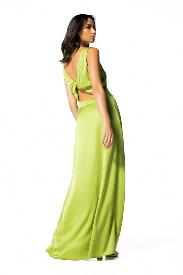 DEEP V-LINE BACK FLOWING MIDI EVENING DRESS