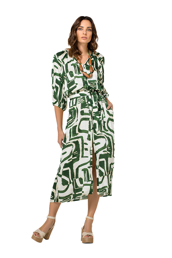 GREEN GRAPHIC PRINT STRAIGHT SUPPLE DRESS