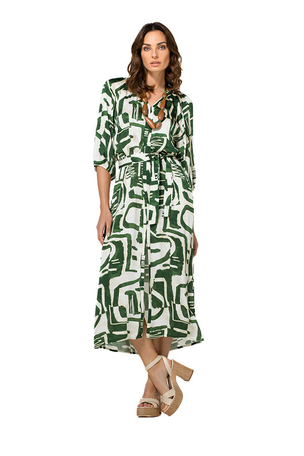 GREEN GRAPHIC PRINT STRAIGHT SUPPLE DRESS