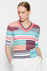 INTARSIA STRIPE V-NECK SWEATER