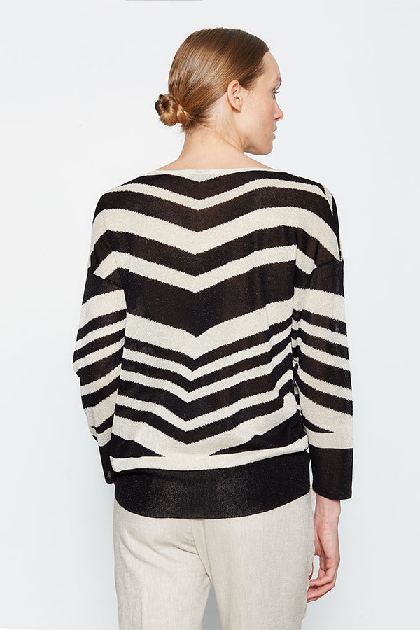 TWO-TONE METALLIC INTARSIA BOAT-NECK SWEATER