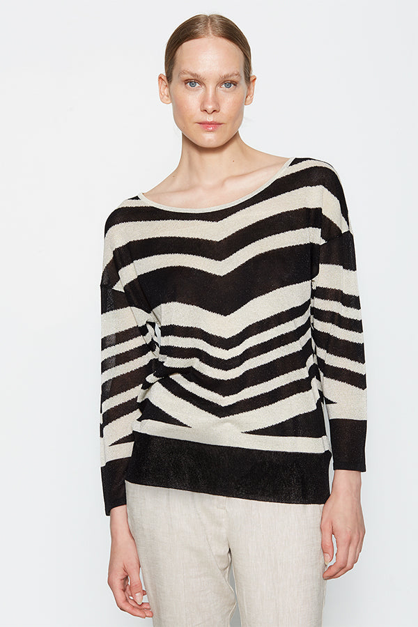 TWO-TONE METALLIC INTARSIA BOAT-NECK SWEATER