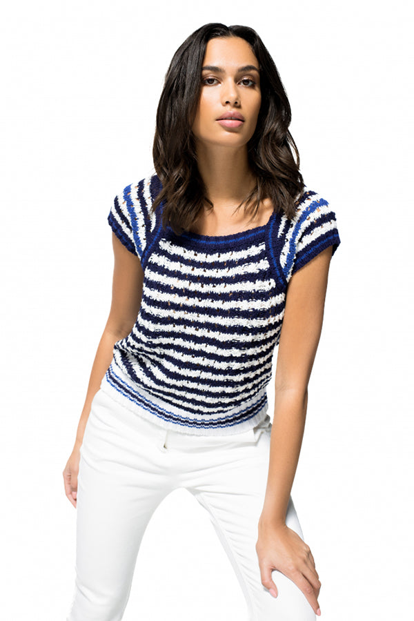 STRIPED TRICOLOR CAP SLEEVE KNITTED TOP