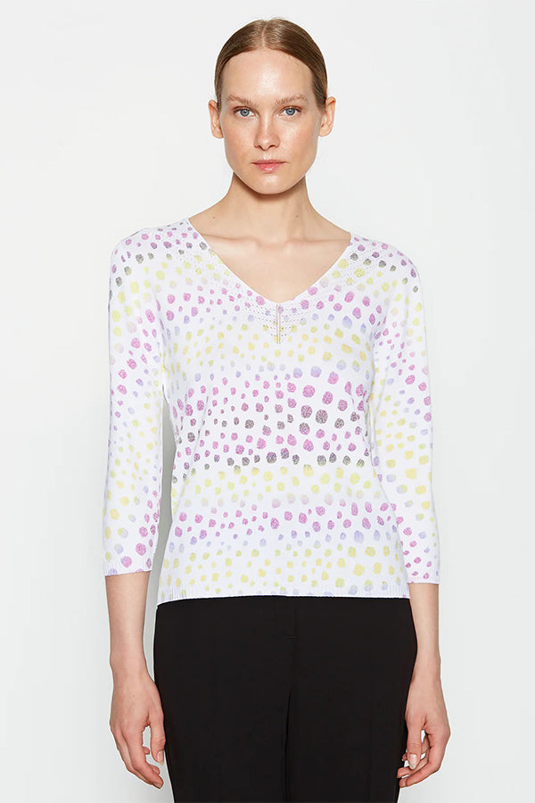 POLKA DOT PRINT LONG SLEEVE V-NECK SWEATER