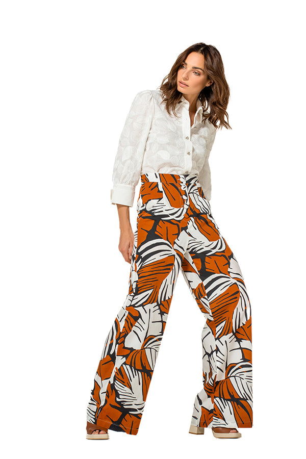 BROWN LEAF PRINT WIDE COTTON TROUSERS