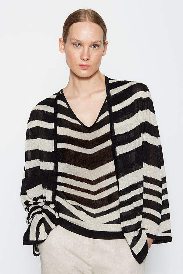 TWO-TONE METALLIC INTARSIA DROPPED SLEEVE CARDIGAN