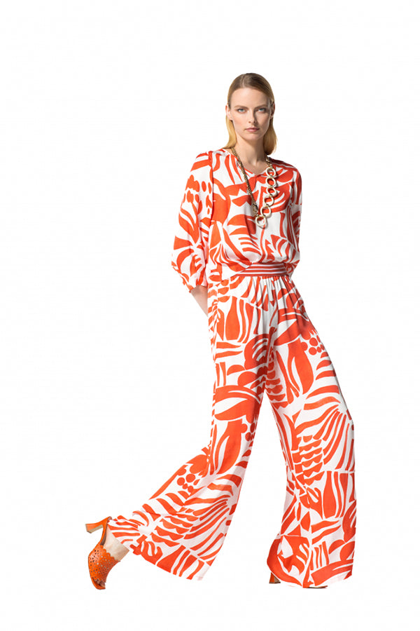 TANGERINE FOLIAGE PRINT LOOSE WIDE TROUSERS