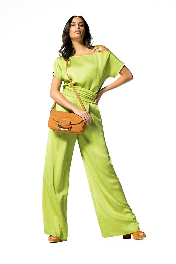 LIME GREEN LOOSE SHINY HIGH WAIST WIDE TROUSERS