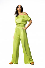 LIME GREEN LOOSE SHINY HIGH WAIST WIDE TROUSERS