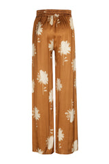 BROWN FLORAL PRINT STRAIGHT SHINY TROUSERS