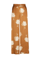 BROWN FLORAL PRINT STRAIGHT SHINY TROUSERS