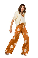 BROWN FLORAL PRINT STRAIGHT SHINY TROUSERS