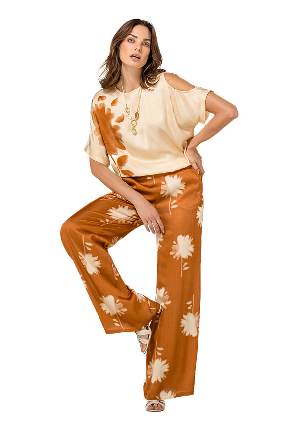 BROWN FLORAL PRINT STRAIGHT SHINY TROUSERS