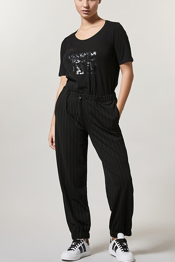 OBLIOSO STRIPED MILANO RIB KNIT FLUID JERSEY TROUSERS