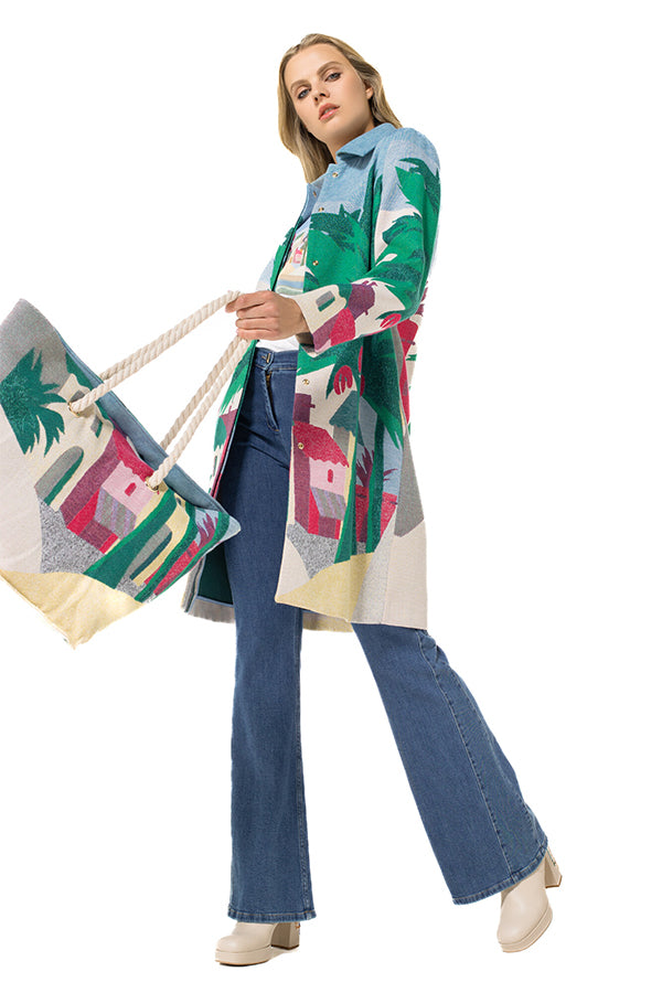 PALM TREE PRINTED STRAIGHT MID-LENGTH COAT