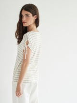 GATHERED SHOULDERS STRIPED T-SHIRT