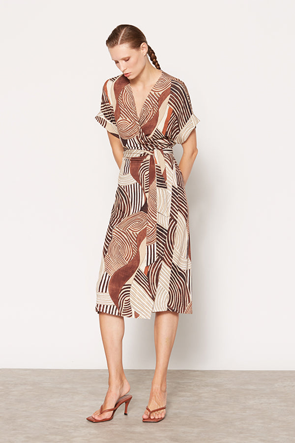 BEIGE ETHNIC PRINT MIDI SHIRT DRESS