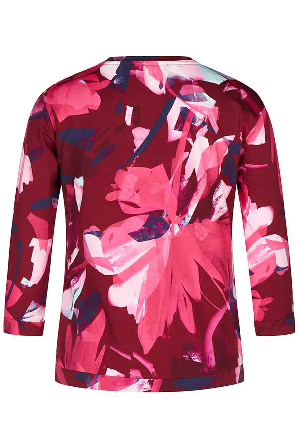 BURGUNDY ABSTRACT FLORAL PRINT BEDAZZELED T-SHIRT