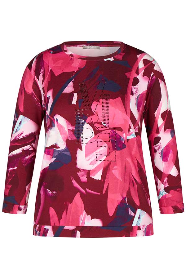 BURGUNDY ABSTRACT FLORAL PRINT BEDAZZELED T-SHIRT