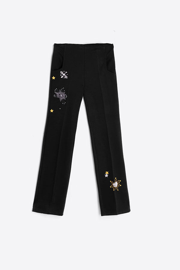 LIDIA EMBROIDERED BLACK STRECH KNIT TROUSERS