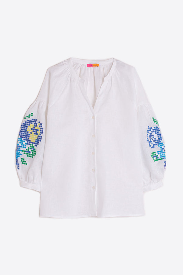 MABEL FLORAL EMBROIDERY WHITE LINEN SHIRT