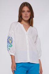 MABEL FLORAL EMBROIDERY WHITE LINEN SHIRT