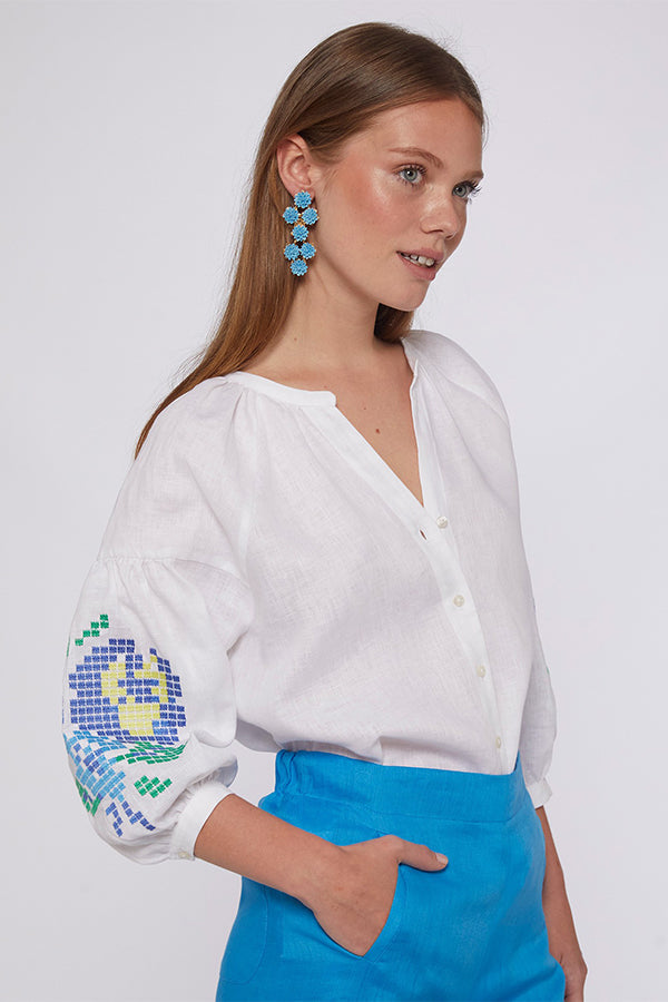 MABEL FLORAL EMBROIDERY WHITE LINEN SHIRT