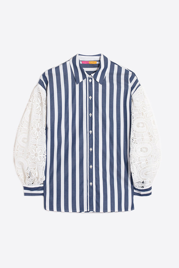 VERNEN WHITE LACE SLEEVES STRIPED SHIRT