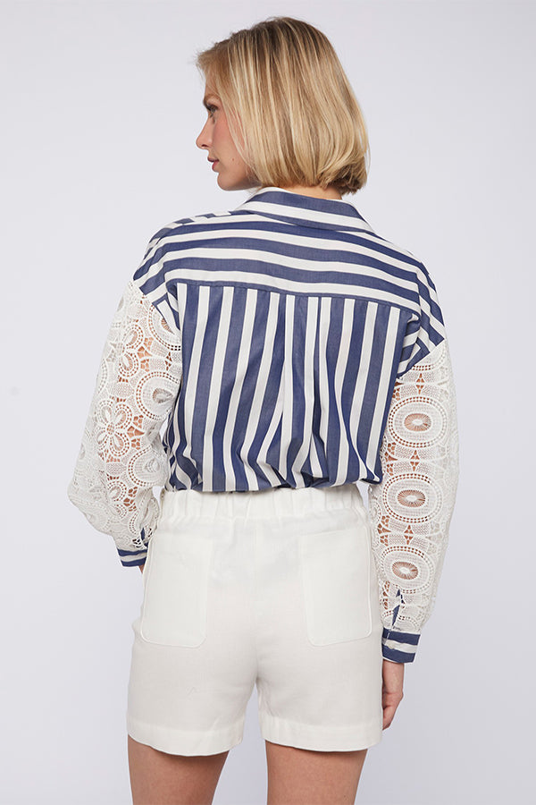 VERNEN WHITE LACE SLEEVES STRIPED SHIRT