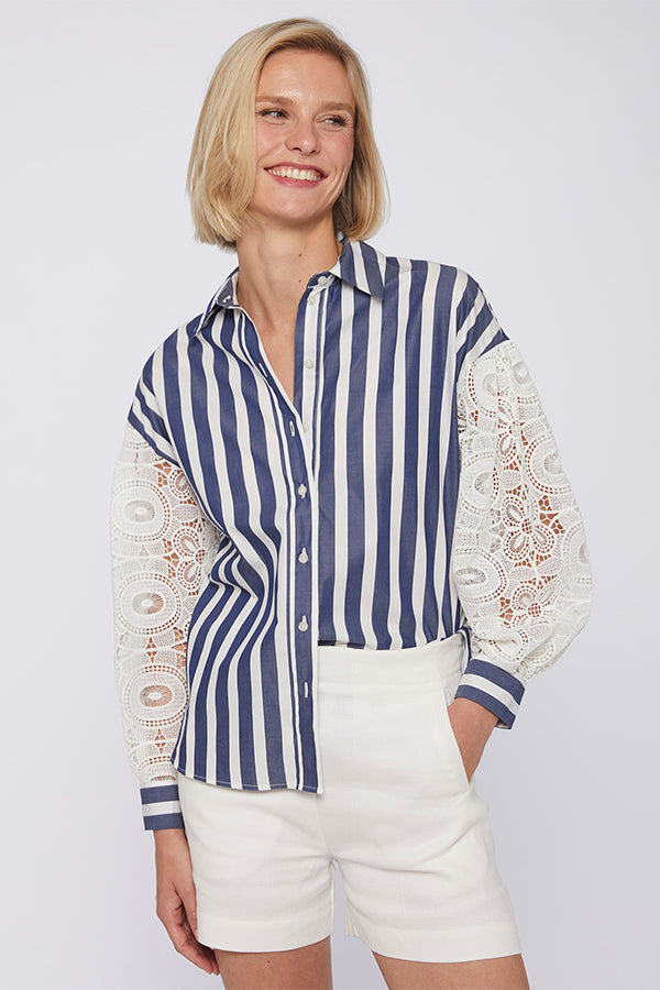 VERNEN WHITE LACE SLEEVES STRIPED SHIRT