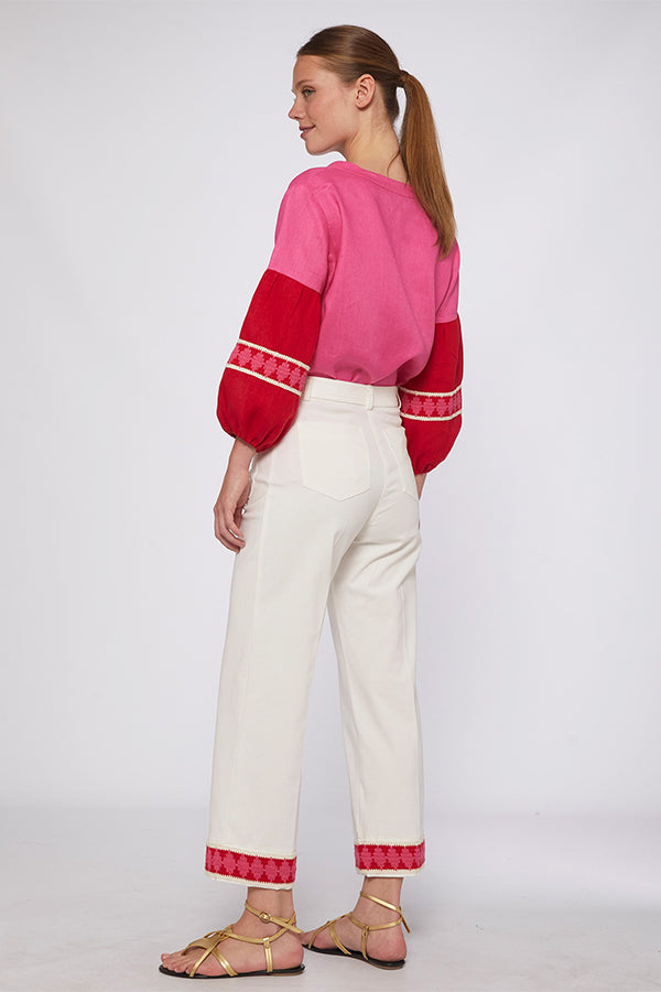 DORIN PINK TRIM WHITE KNIT PERFECT FIT TROUSER