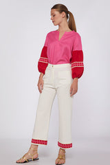 DORIN PINK TRIM WHITE KNIT PERFECT FIT TROUSER