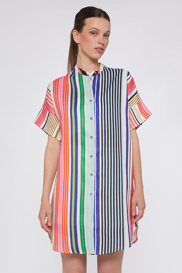 HARPER MULTICOLOR STRIPED PURE LINEN DRESS