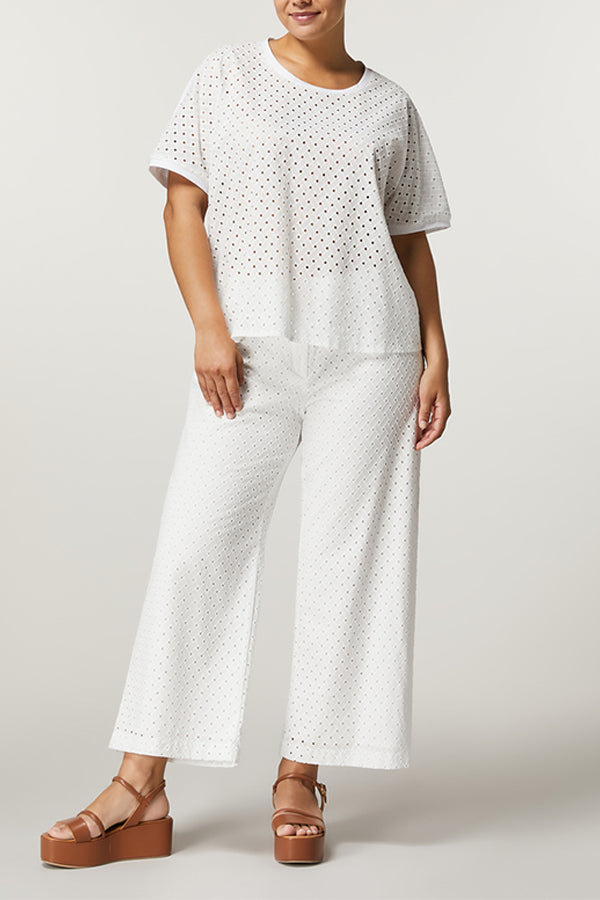 QUERCIA WHITE EYELET EMBROIDERY COTTON TROUSERS