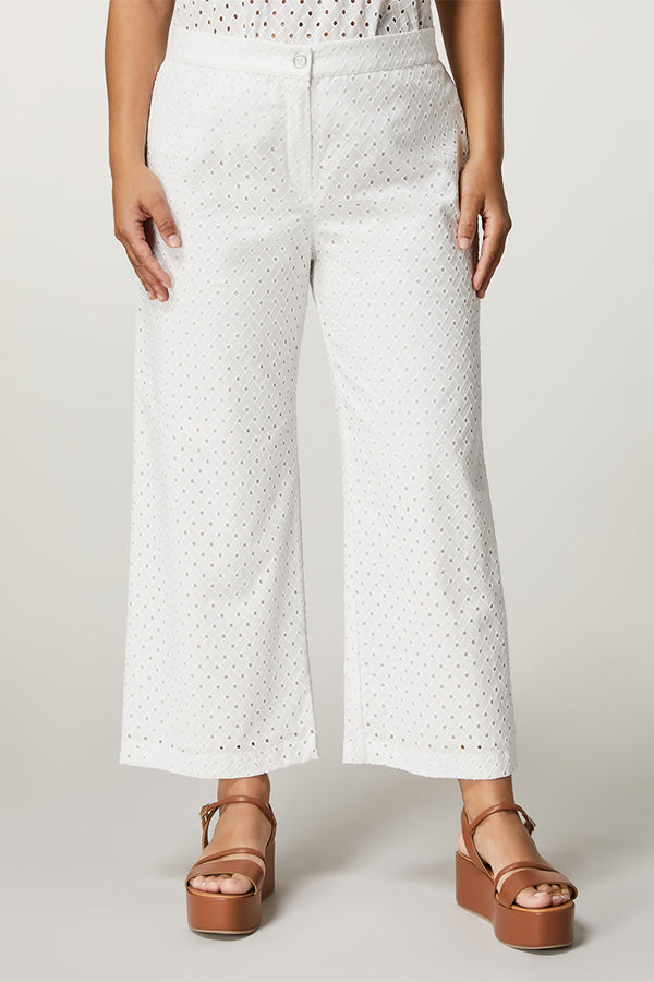 QUERCIA WHITE EYELET EMBROIDERY COTTON TROUSERS