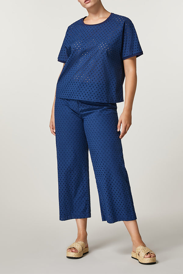 QUERCIA BLUE EYELET EMBROIDERY COTTON TROUSERS