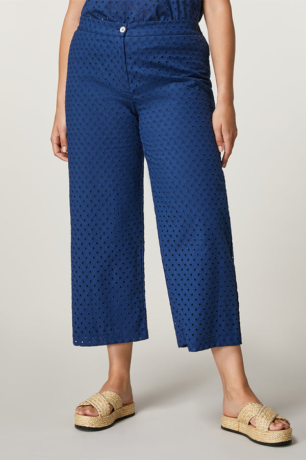 QUERCIA BLUE EYELET EMBROIDERY COTTON TROUSERS