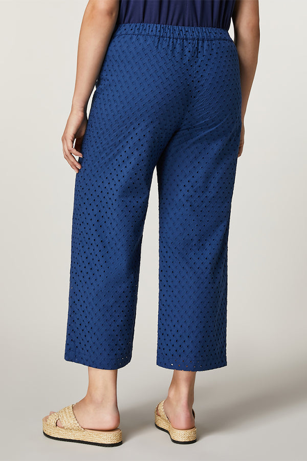 QUERCIA BLUE EYELET EMBROIDERY COTTON TROUSERS