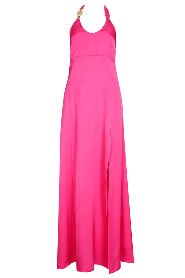 HOT PINK HALTERNECK SHINY MIDI DRESS