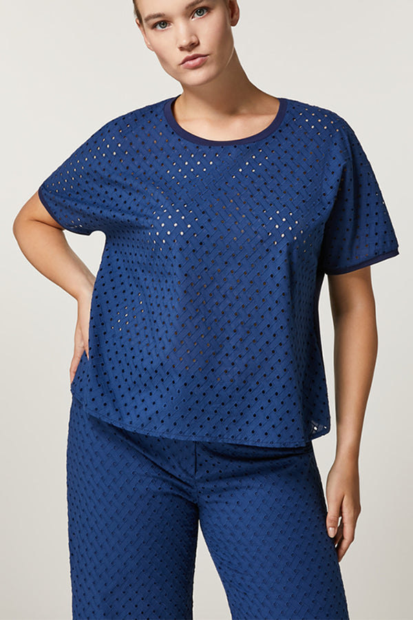 DIOMEDE BLUE EYELET EMBROIDERY COTTON T-SHIRT