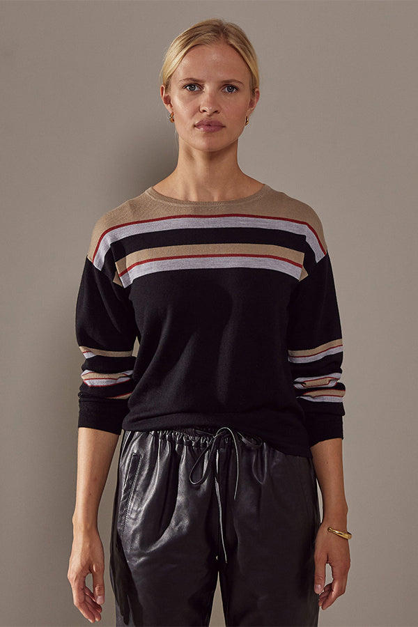 BLACK STRIPED MERINO WOOL ROUND NECK SWEATER