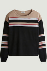 BLACK STRIPED MERINO WOOL ROUND NECK SWEATER