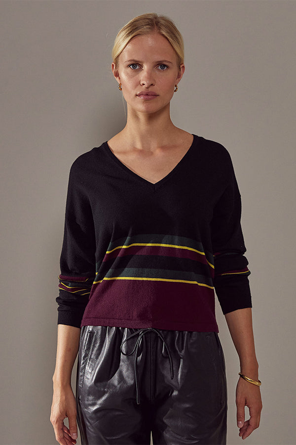 BLACK STRIPED MERINO WOOL V-NECK SWEATER